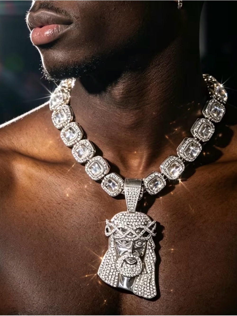 Jesus Face Pendant Necklace with Crystal Cuban Link Chain Big Jewelry Co